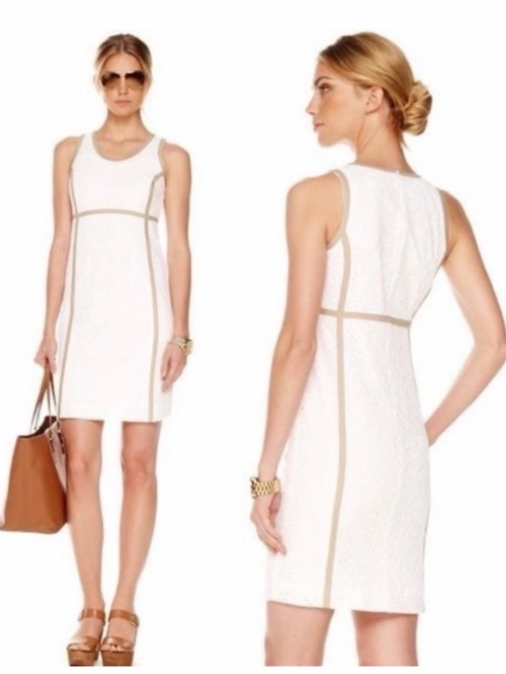 MICHAEL Michael Kors Sleeveless White Lace Dress with Tan Trim